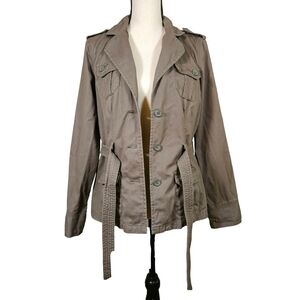French Cuff 4 Pocket Belted Utility Style Jacket, Army Green, Medium